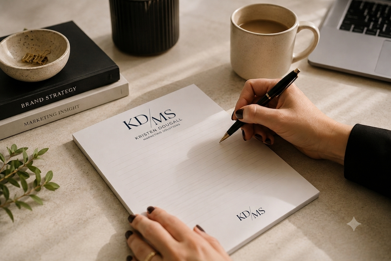 KDMS notepad with brand strategy books